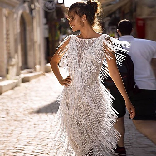 

Women's Shift Dress Knee Length Dress White Sleeveless Solid Color Tassel Fringe Patchwork Summer Round Neck Casual 2021 S M L XL