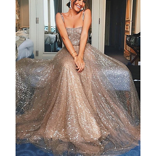 

A-Line Glittering Sexy Engagement Prom Valentine's Day Dress Scoop Neck Sleeveless Sweep / Brush Train Sequined with Sequin 2021