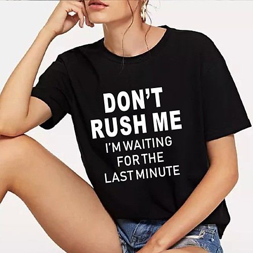 

Women's T shirt Letter Round Neck Tops Casual Basic Top Navy Black Purple