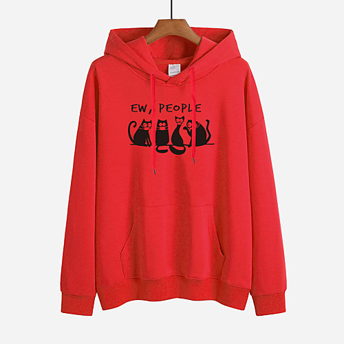 

Women's Pullover Hoodie Sweatshirt Cat Monograms Front Pocket Daily Other Prints Basic Hoodies Sweatshirts Loose White Red Yellow