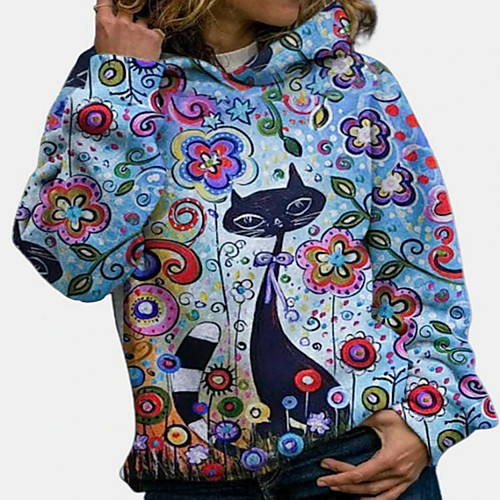 

Women's Pullover Hoodie Sweatshirt Cat Daily Other Prints Casual Hoodies Sweatshirts Blue Purple Orange