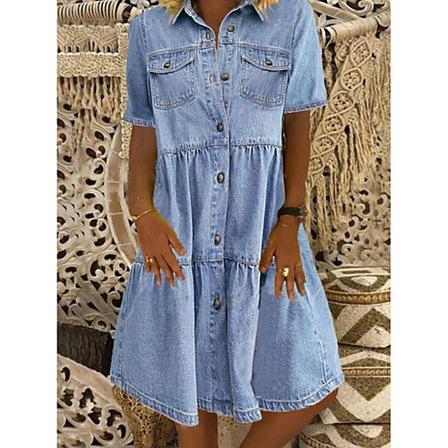 

Women's Denim Shirt Dress Knee Length Dress Blue Dark Blue Short Sleeve Square Ruched Pocket Button Spring Summer Shirt Collar Hot Casual 100% Cotton 2021 S M L XL XXL 3XL