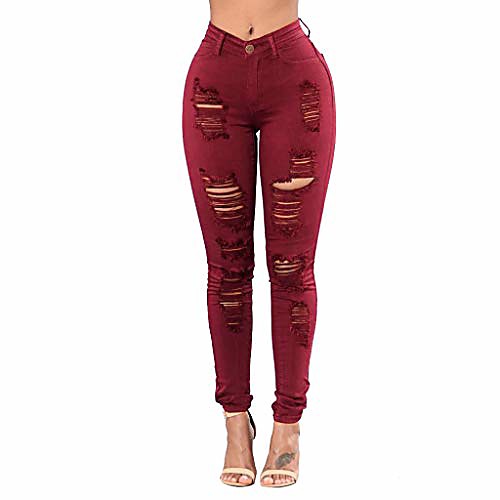 

high waist jeans women button pockets holes denim skinny long pants trousers