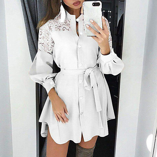 

Women's A Line Dress Short Mini Dress White Black Blue Wine Khaki Long Sleeve Solid Color Lace Patchwork Fall Round Neck Casual 2021 S M L XL XXL 3XL