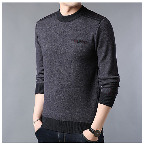 

Men's Knitted Color Block Pullover Long Sleeve Sweater Cardigans Crew Neck Fall Winter Red Camel Dark Gray