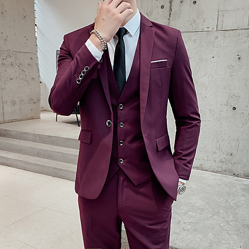 

Black / Blue / Burgundy Solid Colored Standard Fit Polyester Suit - Notch Single Breasted One-button