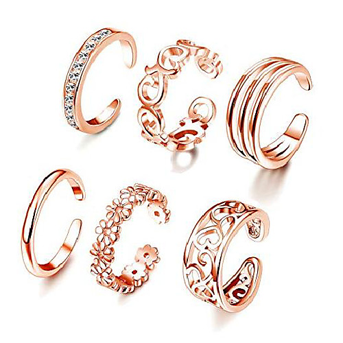 

6pcs adjustable toe ring for women girls open tail ring band hawaiian foot jewelry rose gold tone