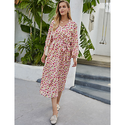 

Women's Swing Dress Midi Dress Blushing Pink Long Sleeve Floral Print Fall Winter V Neck Elegant Casual Lantern Sleeve 2021 S M L XL