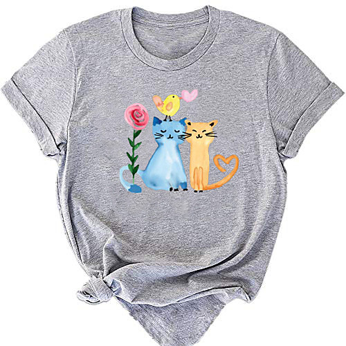 

Women's T shirt Floral Cat Heart Print Round Neck Tops 100% Cotton Basic Basic Top White Black Blushing Pink