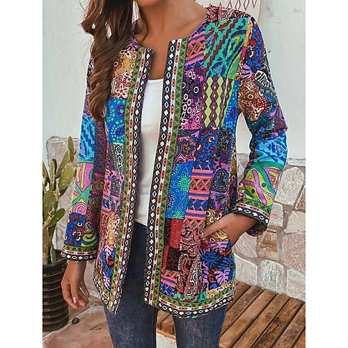 

Women's Color Block Print Vintage Spring & Fall Coat Regular Daily Long Sleeve Cotton Coat Tops Red