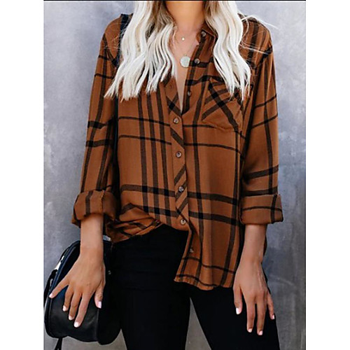 

Women's Blouse Shirt Plaid Check Long Sleeve Print Shirt Collar Tops Basic Basic Top Blue Red Brown