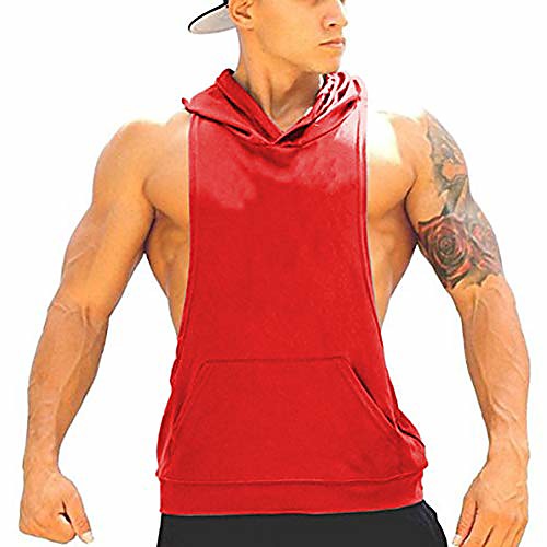 

men's bodybuilding stringer gym hoodie tank top sport fitness sleeveless shirt - red m
