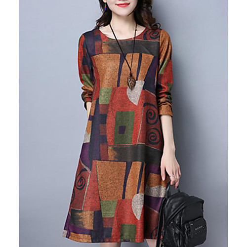 

Women's Shift Dress Knee Length Dress Purple Orange Long Sleeve Print Fall Round Neck Casual Cotton 2021 M L XL XXL