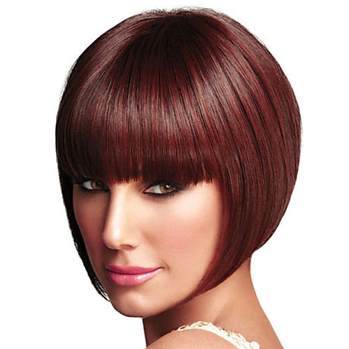 

Synthetic Wig Straight Neat Bang Wig Short Wine Red Synthetic Hair Women's Fashionable Design Exquisite Burgundy