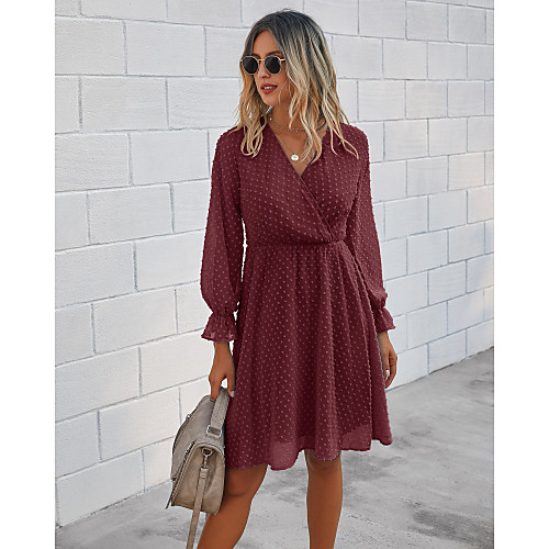 

Women's A Line Dress Knee Length Dress Black Blue Wine Army Green Long Sleeve Solid Color Clothing Fall V Neck Hot Casual Flare Cuff Sleeve 2021 S M L XL