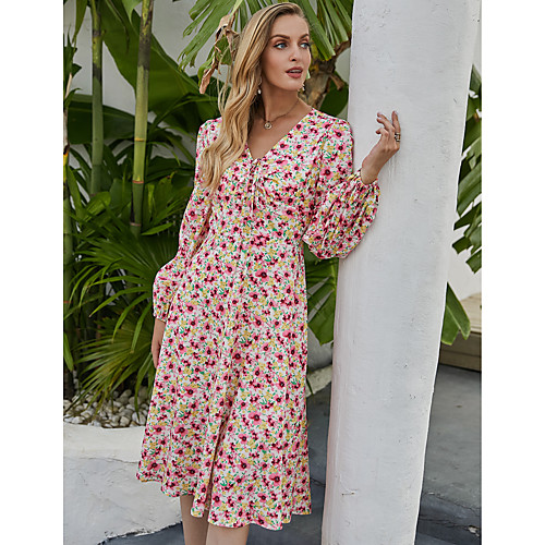 

Women's A Line Dress Knee Length Dress Blushing Pink Long Sleeve Floral Print Fall Winter V Neck Casual Lantern Sleeve 2021 S M L XL