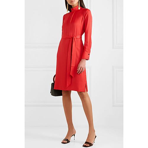 

Women's Sheath Dress Knee Length Dress Red Long Sleeve Solid Color Zipper Fall Spring Shirt Collar Casual 2021 XS S M L XL