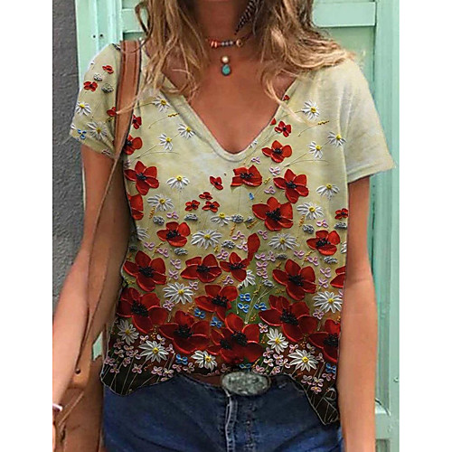 

Women's T shirt Floral Flower V Neck Tops Cotton Basic Top Rainbow