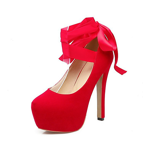 

Women's Wedding Shoes Stiletto Heel Round Toe Sexy Wedding Walking Shoes Nubuck Lace-up Solid Colored Black Red