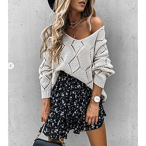 

Women's Basic Hollow Out Solid Color Plain Pullover Long Sleeve Loose Sweater Cardigans V Neck Fall Winter White