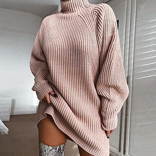 

Women's Basic Knitted Solid Color Plain Dress Acrylic Fibers Long Sleeve Loose Sweater Cardigans Turtleneck Fall Winter White Blushing Pink Gray