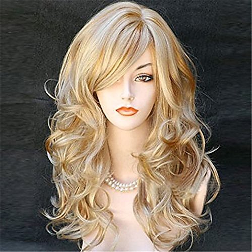 

women's long curly body wavy heat resistant blonde with highlights wig synthetic full hair wig for women (blonde with highlights)