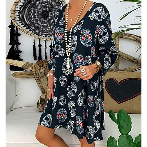 

Women's Halloween Swing Dress Short Mini Dress Blue Fuchsia Navy Blue Long Sleeve Floral Print Print Summer V Neck Hot Sexy vacation dresses 2021 S M L XL XXL 3XL 4XL 5XL
