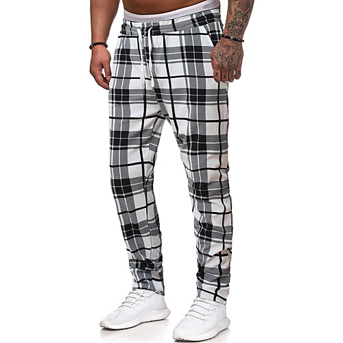 

Men's Basic Jogger Chinos Pants Plaid Checkered Full Length Gray