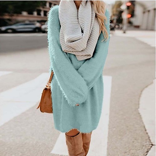 

Women's A Line Dress Knee Length Dress Black Blue Purple Red Yellow Blushing Pink Gold Brown Beige Gray Long Sleeve Solid Color Patchwork Fall Winter Round Neck Work Hot Casual 2021 S M L XL XXL 3XL