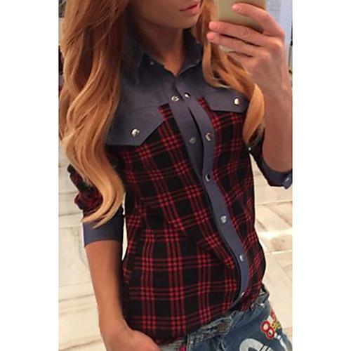 

Women's Blouse Shirt Plaid Check Long Sleeve Patchwork Shirt Collar Tops Basic Basic Top Red