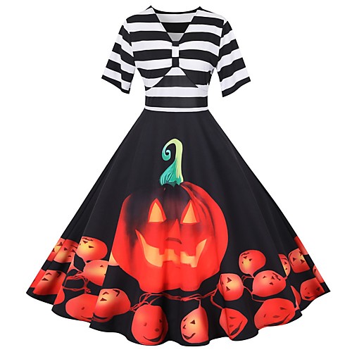 

Women's Halloween A Line Dress Knee Length Dress Black Blue Purple Wine Short Sleeve Pumpkin Striped Print Patchwork Print Summer V Neck Hot Vintage 2021 S M L XL XXL