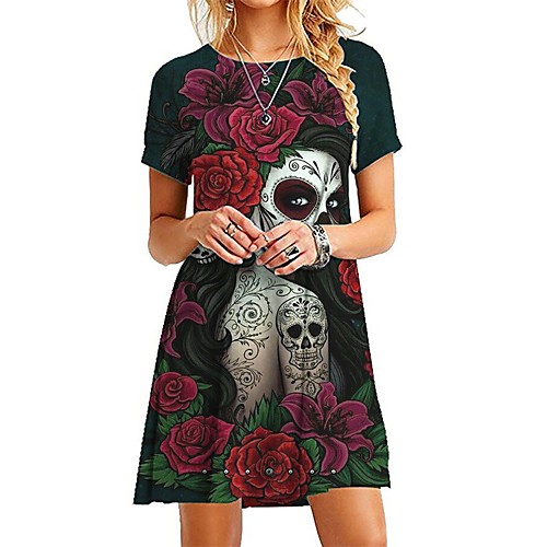 

Women's Halloween Shift Dress Short Mini Dress Purple Wine Green Rainbow Gray Short Sleeve Floral Skulls Print Round Neck Hot Casual vacation dresses 2021 S M L XL XXL