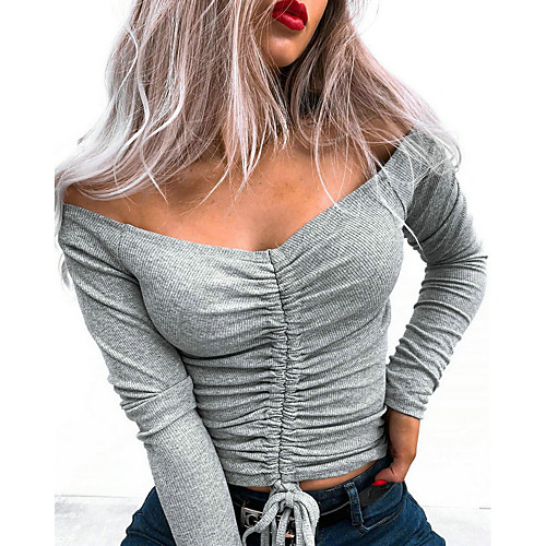 

Women's Blouse Shirt Solid Colored Long Sleeve Drawstring Off Shoulder Tops Basic Basic Top White Black Red