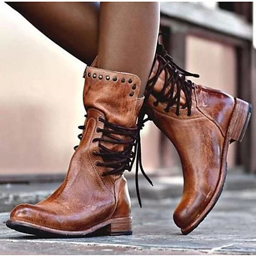 

Women's Boots Block Heel Boots Block Heel Round Toe Mid Calf Boots Basic Casual Daily Walking Shoes PU Solid Colored Black Brown Gray / Mid-Calf Boots