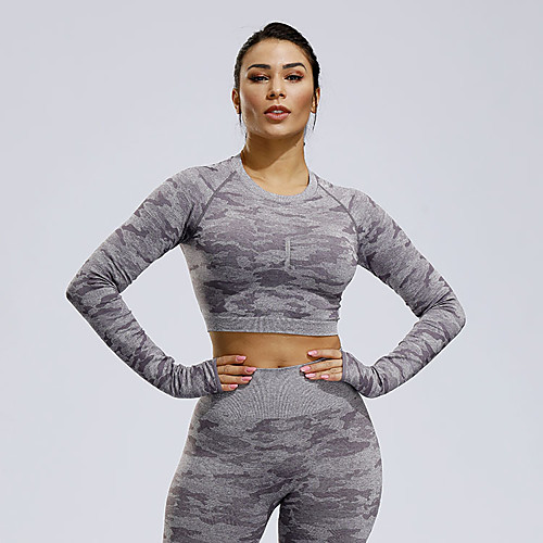 

Women's Crop Top Winter Cut Out Seamless Camo / Camouflage Black Purple Green Yoga Fitness Gym Workout Top Long Sleeve Sport Activewear Breathable Quick Dry Comfortable Stretchy / Thumbhole