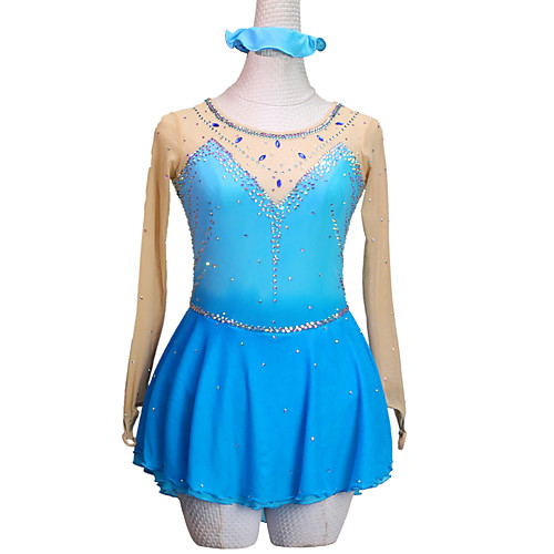 

Figure Skating Dress Women's Girls' Ice Skating Dress Blue Patchwork Asymmetric Hem Spandex High Elasticity Training Competition Skating Wear Crystal / Rhinestone Long Sleeve Ice Skating Winter