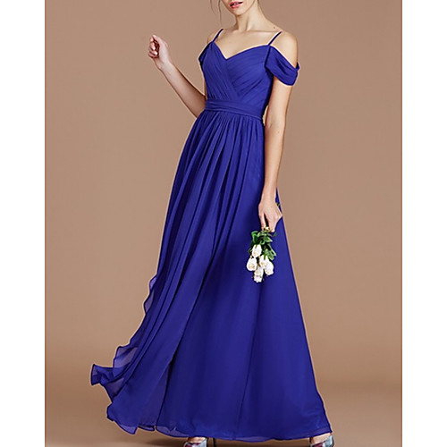 

A-Line Minimalist Elegant Wedding Guest Formal Evening Dress Spaghetti Strap Sleeveless Floor Length Chiffon with Pleats 2021