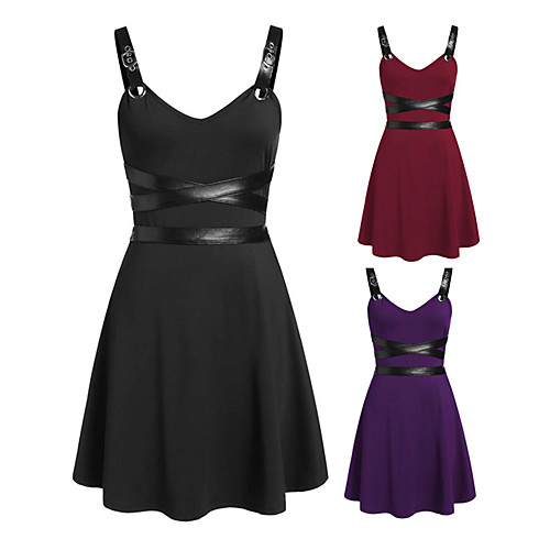 

Women's Strap Dress Knee Length Dress Black Purple Wine Sleeveless Solid Color Patchwork Summer Sexy 2021 S L XL XXL