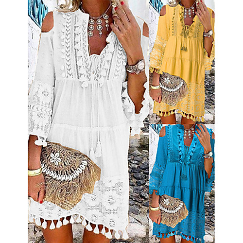 

Women's Shift Dress Short Mini Dress - 3/4 Length Sleeve Lace Tassel Fringe Cold Shoulder Summer Deep V Casual Boho Holiday Vacation Beach 2020 White Blue Yellow Blushing Pink Beige S M L XL XXL XXXL