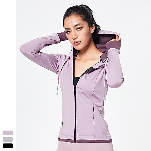 

Women's Yoga Top Thumbhole Pocket Fashion Black Purple Grey Mesh Spandex Yoga Fitness Running Hoodie Top Long Sleeve Sport Activewear Breathable Quick Dry Comfortable Stretchy / Patchwork