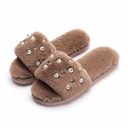 

women's fuzzy fluffy furry fur slippers flip flop open toe cozy house memory foam sandals slides soft flat comfy anti-slip spa indoor outdoor slip on (03/beige, 35-36)