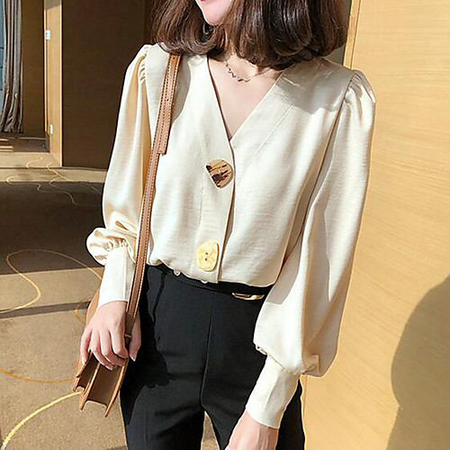 

Women's Going out Blouse Shirt Solid Colored Long Sleeve Button V Neck Tops Lantern Sleeve Loose Chiffon Streetwear Basic Top Yellow Blushing Pink Beige