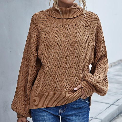 

Women's Basic Knitted Solid Color Plain Pullover Acrylic Fibers Long Sleeve Loose Sweater Cardigans Turtleneck Fall Blushing Pink Brown