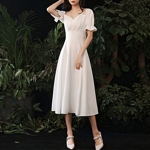 

A-Line Minimalist Vintage Homecoming Cocktail Party Dress Sweetheart Neckline Short Sleeve Tea Length Spandex with Sleek Ruffles 2021