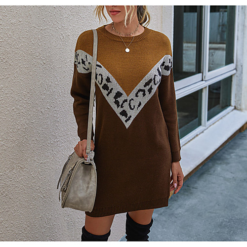 

Women's Sweater Jumper Dress Short Mini Dress Black Khaki Long Sleeve Color Block Fall Winter Round Neck Hot Casual 2021 S M L XL