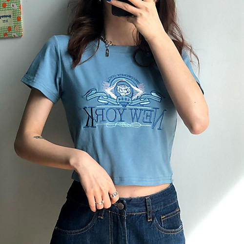 

Women's Crop Tshirt Graphic Text Letter Round Neck Tops Basic Basic Top Blue