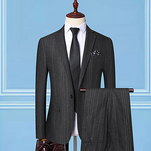 

Black Striped Standard Fit Polyester Suit - Notch Single Breasted One-button / Suits