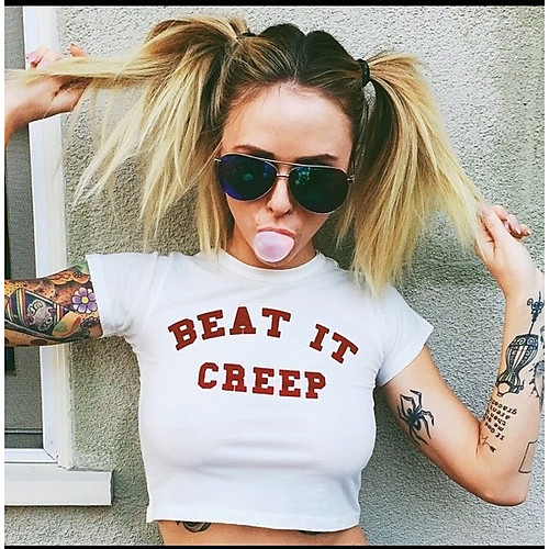 

Women's Crop Tshirt Letter Print Round Neck Tops Slim 100% Cotton Basic Basic Top White