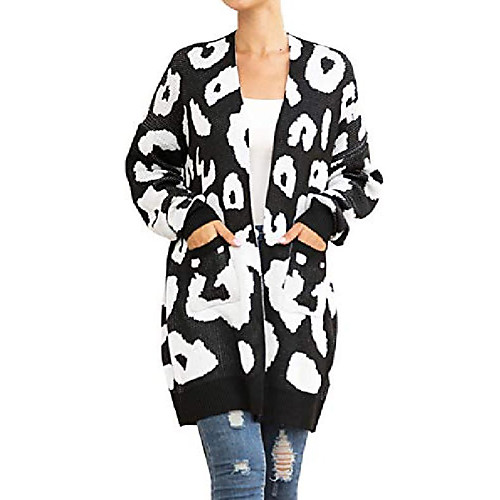 

womens leopard print cardigan sweater open front long sleeve loose knit coat with pockets 369black s