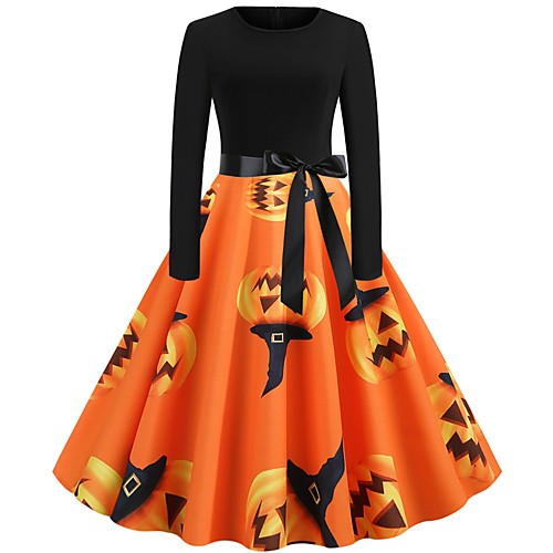 

Women's Halloween A Line Dress Knee Length Dress Black Blue Yellow Orange Long Sleeve Pumpkin Print Patchwork Bow Print Summer Round Neck Hot Vintage 2021 S M L XL XXL